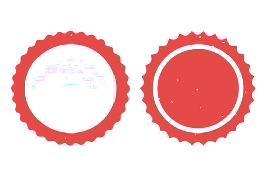 Two Red Round Badges with Scalloped Edges on a White Background Simple Design vector