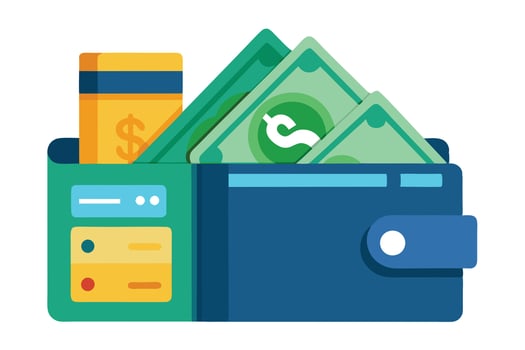 Blue Wallet with Green Money and Yellow Card on White Background, Financial Concept vector