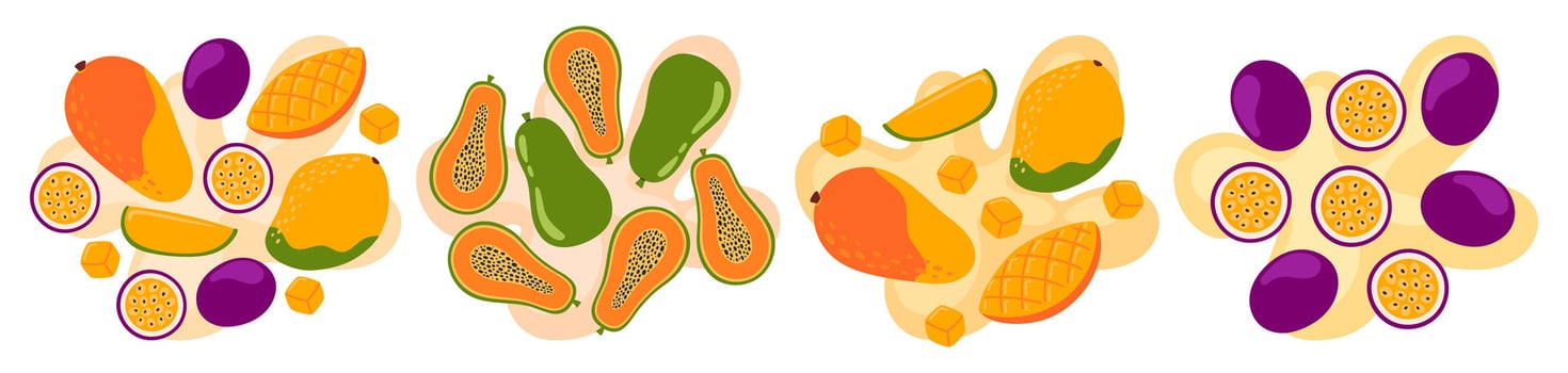 Fruit set on abstract background. Mango, passion fruit, papaya, exotic fruits taste. Fresh summer juicy fruit. Flat illustration vector
