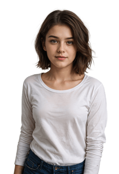 stunning young college girl in full sleeves round neck white tshirt mockup png