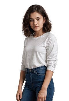 young college girl open hair in full sleeves round neck white tee and blue jeans png