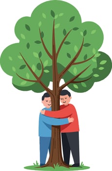 Two children hugging a large green tree in a joyful flat illustration vector