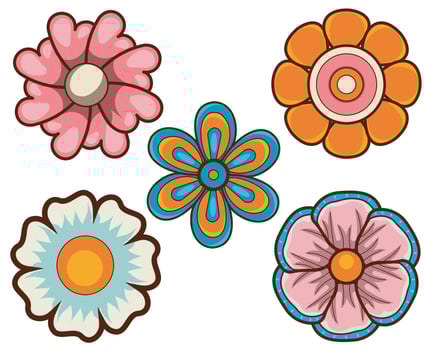 Psychedelic collection of five colorful flowers in various shapes and designs vector