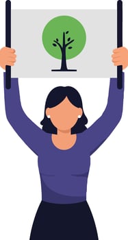 Woman holding a poster with a green tree illustration in a minimal art style vector
