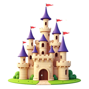 Fairytale Castle 3D Cartoon Fantasy Illustration with Towers Flags, Isolated on Transparent Background png