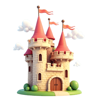 Fantasy Castle Clipart Whimsical 3D Cartoon Tower with Flags, Transparent Background for Design png