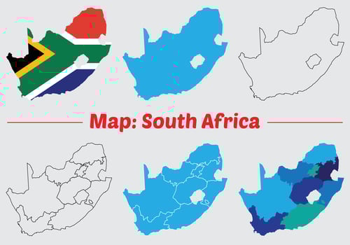 Maps of South Africa Flag, Outline, and Regional Divisions, South Africa country map set. internal provinces borders marked, Simple map of South Africa drawing. vector
