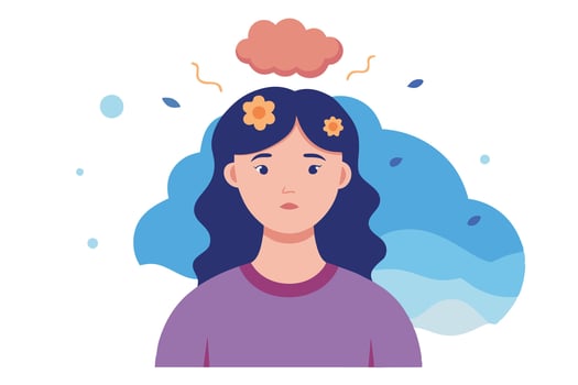 Flat Portrait of Pensive Woman with Floral Hair Accessory and Abstract Cloud Shape vector