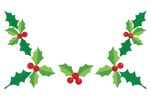 Holly Berries and Green Leaves Symmetrical Border on White Background vector