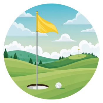 Golf Course Scene with Flag, Hole, and Ball in Circle png