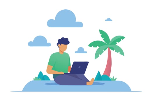 Cartoon Man Working on Laptop Under Palm Tree with Clouds on White Background vector