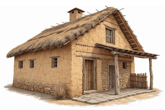 Traditional Rustic Clay House with Thatched Roof and Wooden Accents png