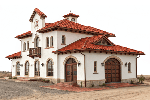 Elegant Mediterranean Style Villa with Tile Roof and Arched Windows in Scenic Landscape png