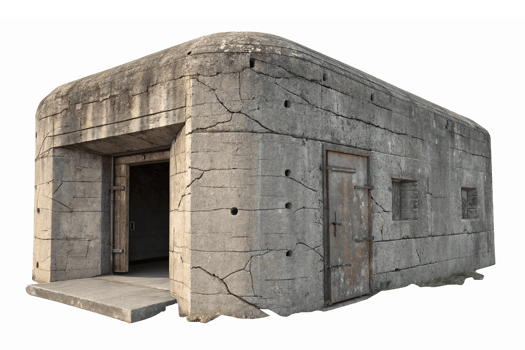 Historic Concrete Bunker Structure with Cracks and Weathered Door in Transparent Background png