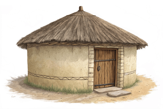 Traditional Thatched Roof Round House with Wooden Door and Earthy Landscape png