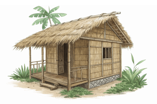 Tropical Bamboo Hut Surrounded by Lush Greenery and Palm Trees on a Tranquil Landscape png