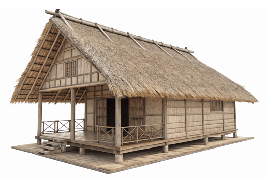 Traditional Japanese Thatched Roof House Rustic Wooden Design with Open Porch and Bamboo Fencing png