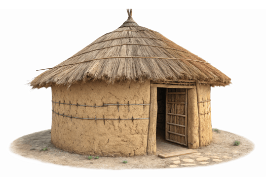 Traditional African Round Thatched Roof Hut with Clay Walls and Wooden Door on Transparent Background png