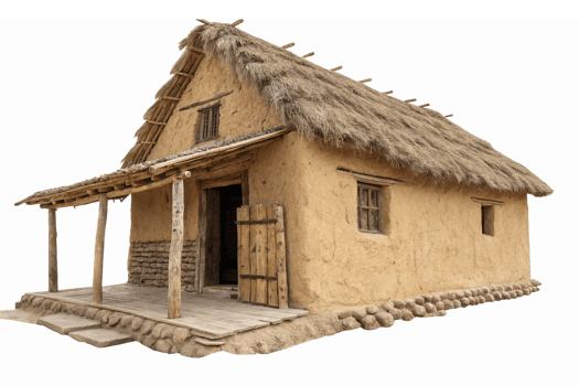 Traditional Thatched Roof House with Mud Walls and Rustic Wooden Elements png