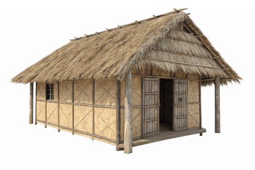 Traditional Thatched Roof Cottage with Wooden Structure and Open Entrance png