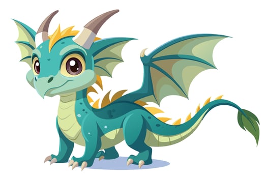 Cute Blue Dragon Cartoon with Big Eyes, Horns, and Wings on White Background vector