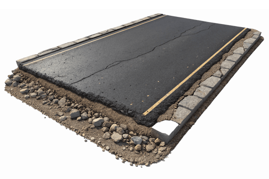 Detailed Asphalt Road Section with Cracks and Gravel Edges for Urban Infrastructure Design png