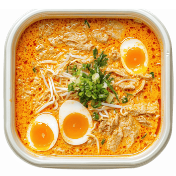 Delicious Creamy Coconut Curry Noodle Soup with Soft-Boiled Eggs and Fresh Herbs png