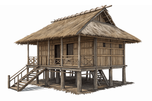 Traditional Asian Wooden House with Thatched Roof and Elevated Design on Transparent Background png