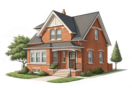 Charming Red Brick House with Garden and Welcoming Porch in a Suburban Setting png