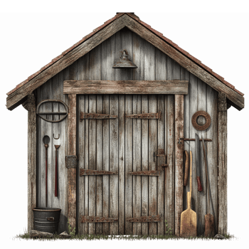 Rustic Wooden Shed with Gardening Tools and Farm Equipment on Transparent Background png