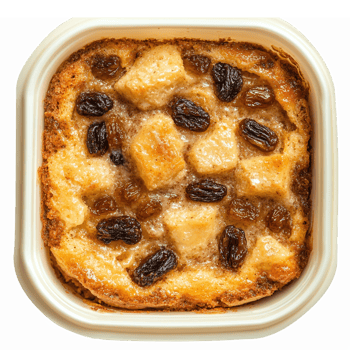 Delicious Bread Pudding with Raisins and Apples in a White Bowl Isolated on Transparent Background png