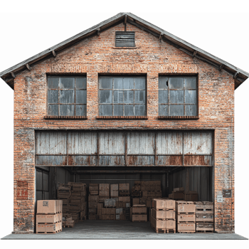 Rustic Warehouse Exterior with Open Loading Dock and Stacked Wooden Crates png