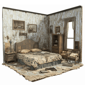 Rustic Vintage Bedroom Interior with Distressed Furniture and Weathered Walls png