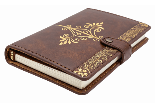 Elegant Leather Bound Journal with Gold Floral Design and Closure for Writing and Note-taking png