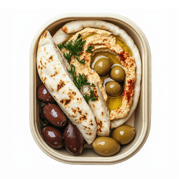 Delicious Hummus with Olive Oil Fresh Pita Bread and Mixed Olives in Eco-Friendly Container png