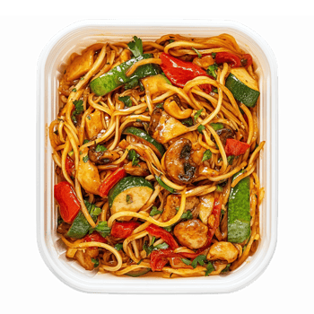 Delicious Stir Fry Noodles with Colorful Vegetables and Chicken in Takeout Container png