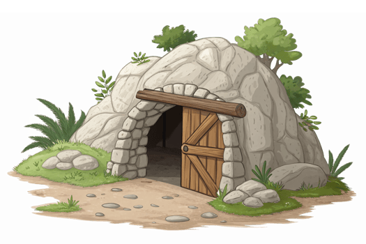 Illustration of a Stone Cave Entrance Surrounded by Vegetation and Pathway in a Natural Setting png