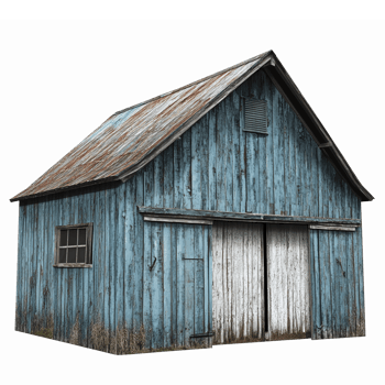 Rustic Blue Wooden Barn with Weathered Roof and Open Doors for Farm Illustrations png