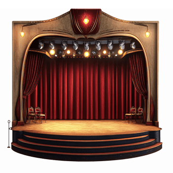 Theater Stage with Red Curtains Spotlight Lighting and Wooden Floor for Performances and Events png