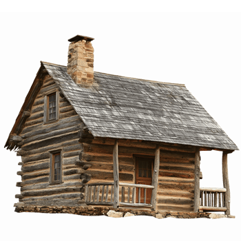 Rustic Log Cabin with Stone Chimney and Natural Wood Finish for Cozy Home Designs png
