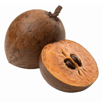 Sapodilla Fruit Whole and Sliced Showing Brown Flesh and Black Seeds with Transparent Background png