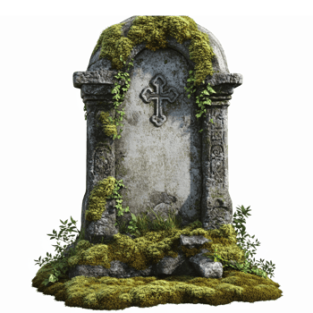 Ancient Weathered Cemetery Tombstone Covered in Moss with Cross Symbol on a Transparent Background png