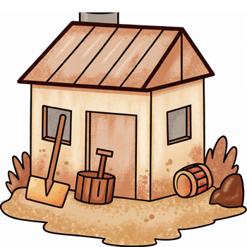 Charming Rustic House with Garden Tools and Barrels in a Farmyard Setting png