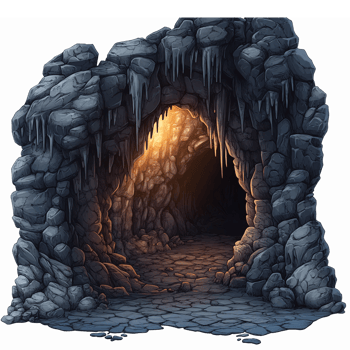 Detailed Cave Entrance with Glowing Light and Stalactites in a Dark Rocky Environment png