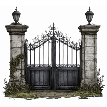 Intricate Gothic Garden Gate with Ivy Climbing Stone Pillars and Lanterns on a Transparent Background png
