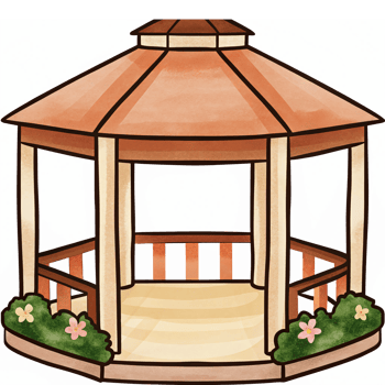Charming Outdoor Gazebo Illustration with Natural Landscape and Floral Accents png