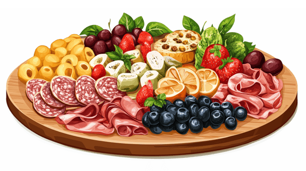 Gourmet Charcuterie Board with Meats Cheeses Fruits and Nuts on Wooden Platter png