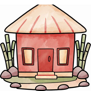 Charming Watercolor Cottage Surrounded by Green Bamboo and Decorative Rocks png