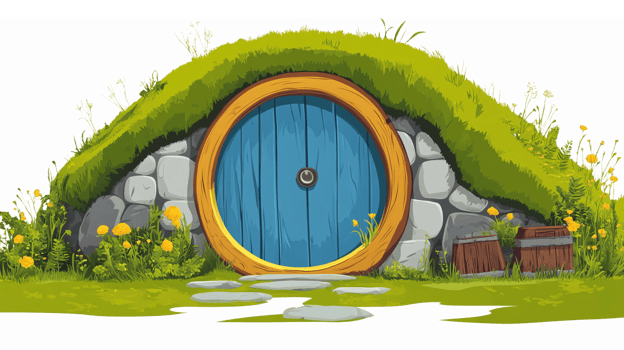 Charming Colorful Hobbit House with Circular Blue Door Surrounded by Lush Green Grass and Flowers png