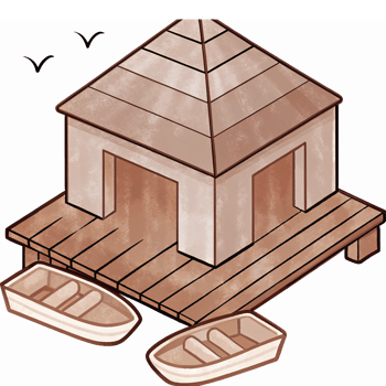 Wooden Boathouse and Boats on Dock with Natural Elements for Nature and Water Activities png